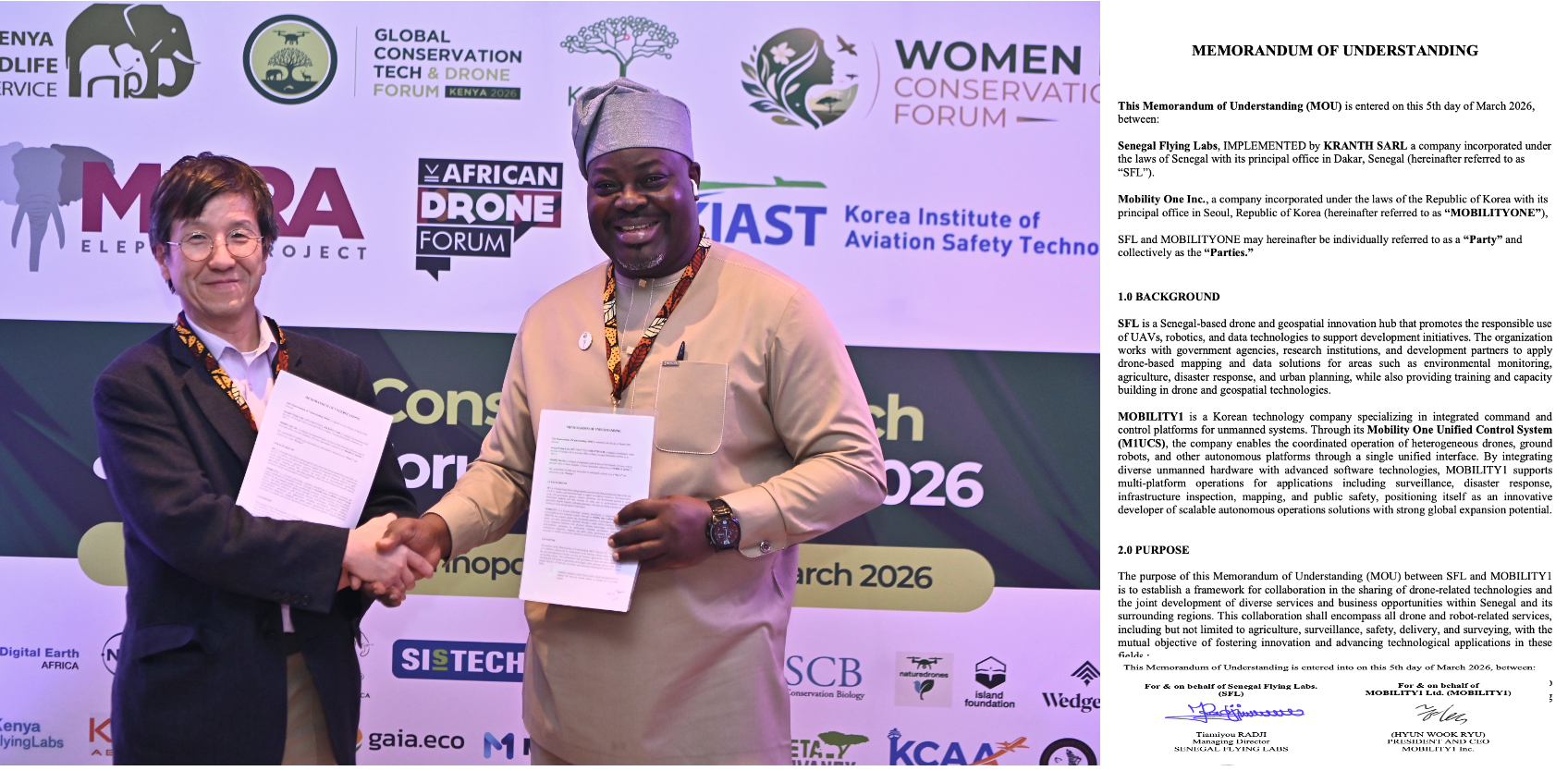 Andrew Cho (left), Vice President of Global Business at Mobility One, and Tiamiyou Radji (right), Managing Director of Senegal Flying Labs, pose for a commemorative photo following the signing of the MOU.