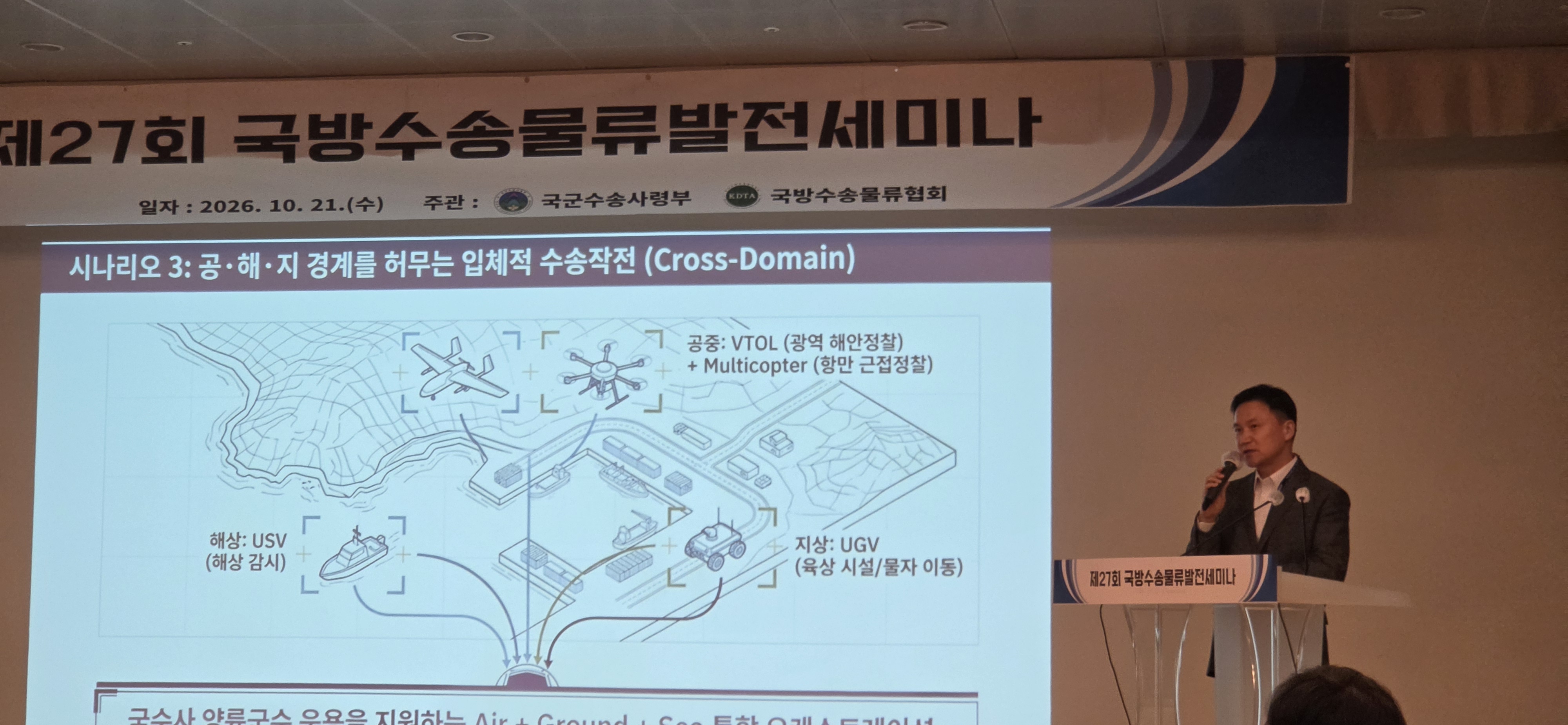 ‘다중·이기종 정찰드론 통합운영과 AI 기반 미래 수송작전’에 대해 주제발표 중인 류현욱 대표
